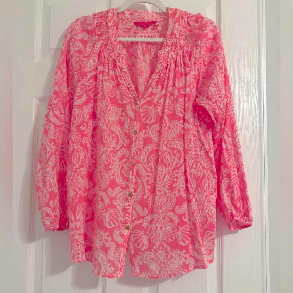Women's Lilly Pulitzer Pink White Patterned Blouse Size Medium